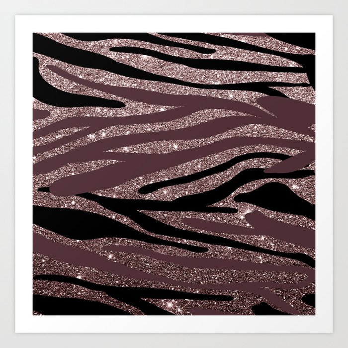 Burgundy black glitter gradient zebra print Art Print