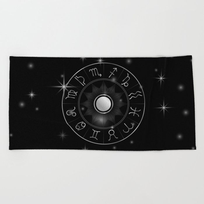 Zodiac astrology circle Silver astrological signs with moon sun and stars Beach Towel