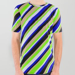 [ Thumbnail: Eye-catching Green, Lavender, Blue, Black, and Tan Colored Lined/Striped Pattern All Over Graphic Tee ]