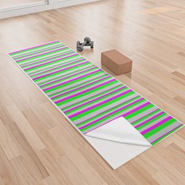 [ Thumbnail: Fuchsia, Lime, and Light Grey Colored Lined/Striped Pattern Yoga Towel ]