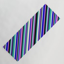 [ Thumbnail: Blue, Orchid, Black, Light Sea Green & Beige Colored Pattern of Stripes Yoga Mat ]