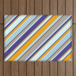 [ Thumbnail: Eyecatching Dark Slate Blue, Orange, Dark Gray, Light Cyan, and Light Blue Colored Stripes Pattern Outdoor Rug ]