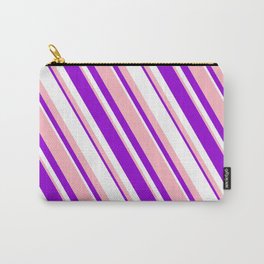 [ Thumbnail: Light Pink, Dark Violet, and White Colored Lined/Striped Pattern Carry-All Pouch ]