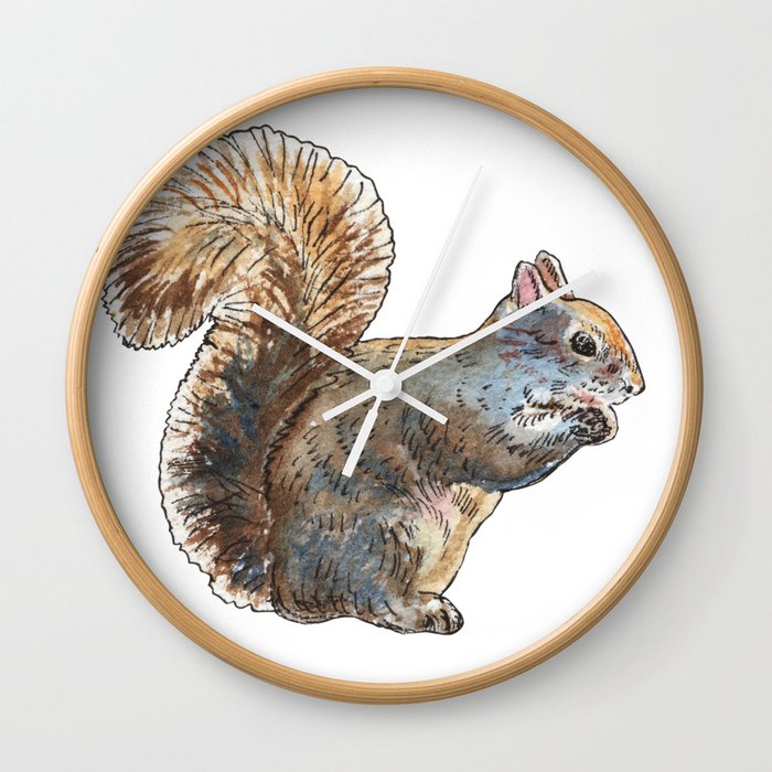 Adorable Squirrel Eating Nut Watercolor by Irina Sztukowski Wall Clock