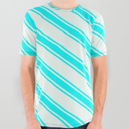 [ Thumbnail: Mint Cream & Aqua Colored Lined/Striped Pattern All Over Graphic Tee ]
