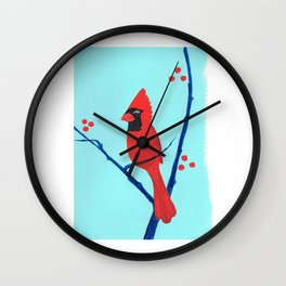 Cardinal Winter Berries Wall Clock | Painting, Winter, Gouache, Graphicart, Branches, Birdart, Artprint, Blue, Redberries, Cardinal 