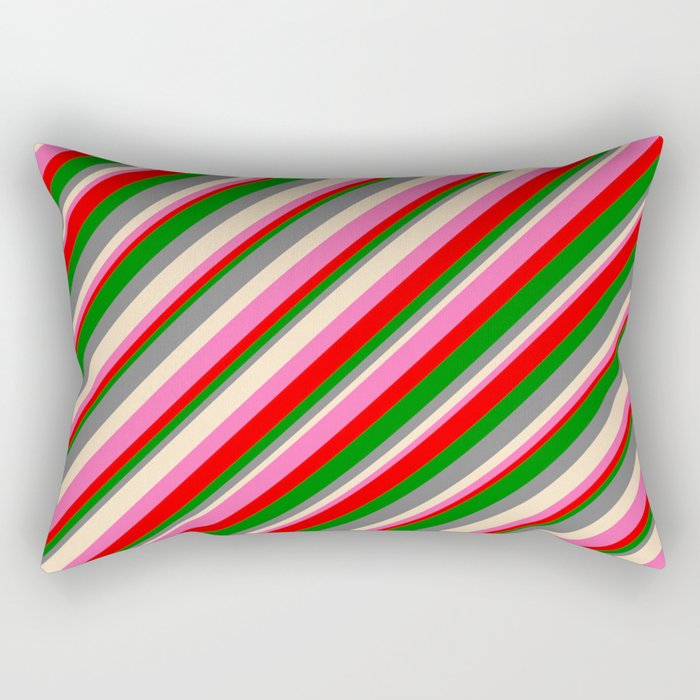 Eye-catching Gray, Bisque, Hot Pink, Red & Green Colored Lines/Stripes Pattern Rectangular Pillow