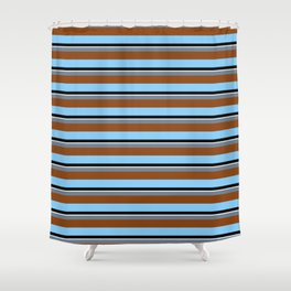 [ Thumbnail: Colorful Slate Gray, Brown, Light Sky Blue, Black & Mint Cream Colored Striped Pattern Shower Curtain ]