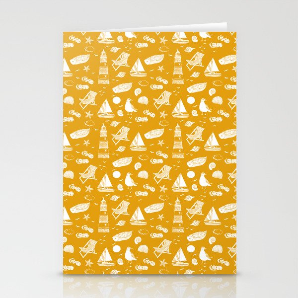 Mustard And White Summer Beach Elements Pattern Stationery Cards