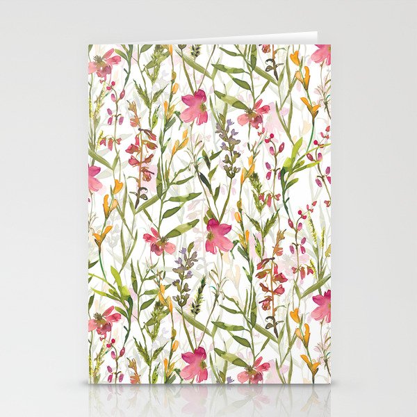 Hand Painted Blush And Pink Watercolor Midsummer Wildflowers Meadow Stationery Cards