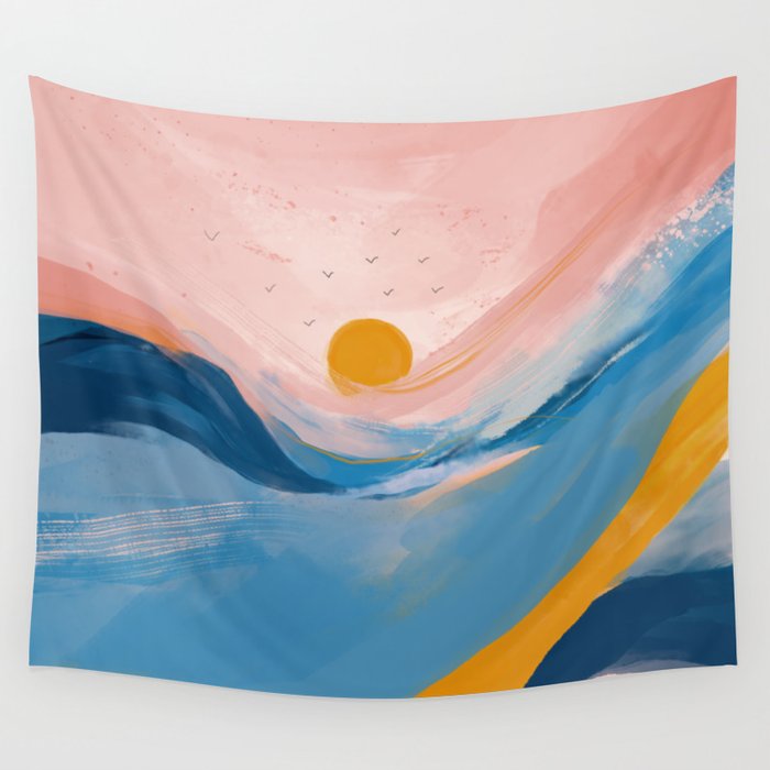 Pink and Blue Abstract Art Ocean and Sunrise Wall Tapestry