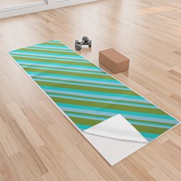 [ Thumbnail: Sky Blue, Green & Dark Turquoise Colored Striped Pattern Yoga Towel ]