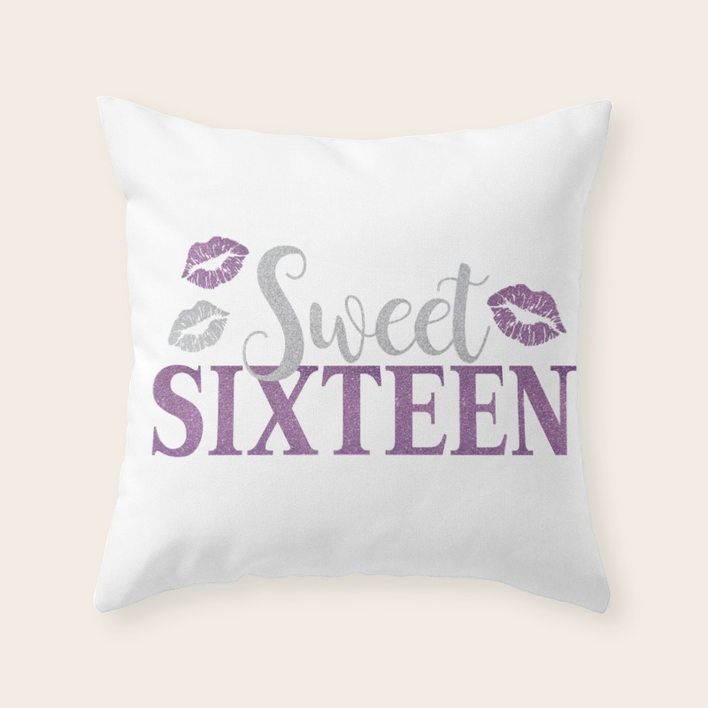 Sweet Sixteen 16 Birthday Glitter Lips Typography Throw Pillow By