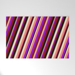 [ Thumbnail: Vibrant Dark Violet, Dark Red, Black, Bisque, and Salmon Colored Stripes Pattern Welcome Mat ]