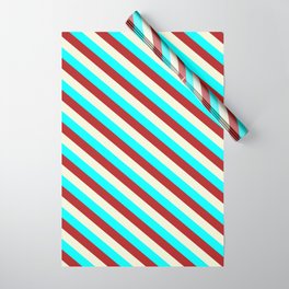 [ Thumbnail: Aqua, Red & Beige Colored Pattern of Stripes Wrapping Paper ]