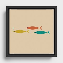 Mid-Century Modern Minimalist Fish Trio in Mid Mod Turquoise Teal, Mustard, Orange, and Beige Framed Canvas