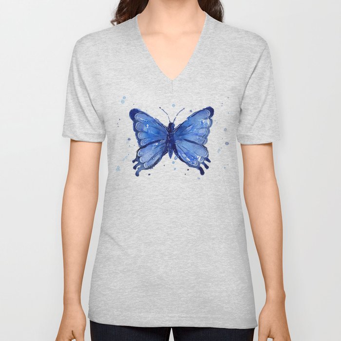 Butterfly Blue Watercolor Animal Painting V Neck T Shirt