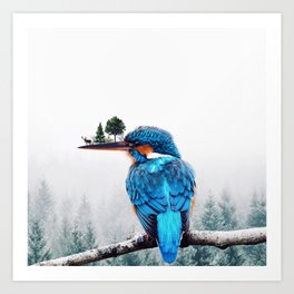 Symbiosis Kunstdrucke | Heyluisa, Bird, Nature, Deer, Magic, Digital, Blue, Fog, Collage, Wild 
