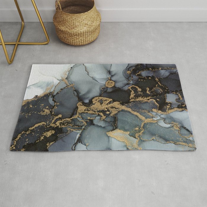 Stormy Black Gold Marble | Abstract Ink Rug