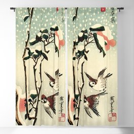 Camellia Flowers and Sparrows in Snow Ukiyoe Hiroshige Funky Quirky Cute Cozy Maximalism Maximalist Blackout Curtain
