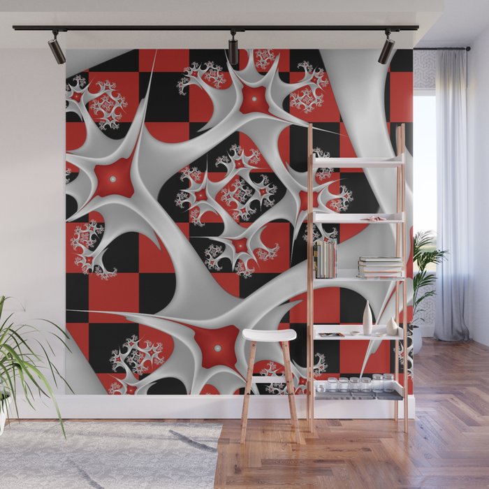 Red Black and White, Striking Fractal Art with Depth Wall Mural