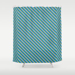 [ Thumbnail: Tan, Blue, and Sea Green Colored Pattern of Stripes Shower Curtain ]