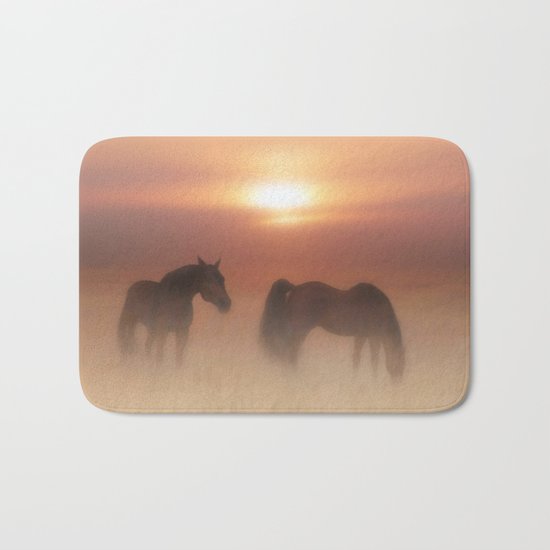 Horses in a misty dawn Bath Mat