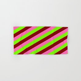 [ Thumbnail: Green, Maroon, and Hot Pink Colored Lined/Striped Pattern Hand & Bath Towel ]