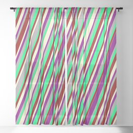 [ Thumbnail: Colorful Dark Gray, Green, Dark Red, Light Yellow, and Purple Colored Lined/Striped Pattern Sheer Curtain ]