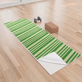 [ Thumbnail: Pale Goldenrod and Forest Green Colored Lined/Striped Pattern Yoga Towel ]