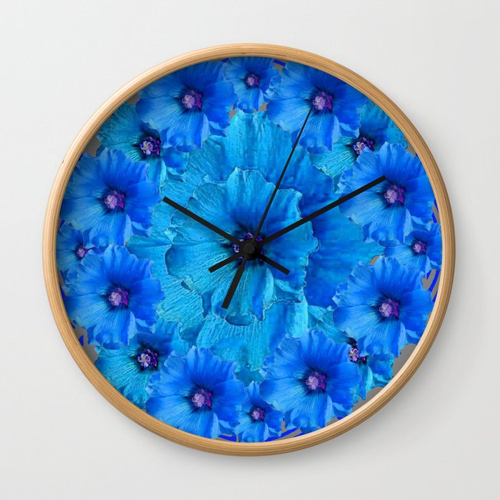 GORGEOUS BLUE FLOWERS  PATTERN ABSTRACT GREY ART Wall Clock
