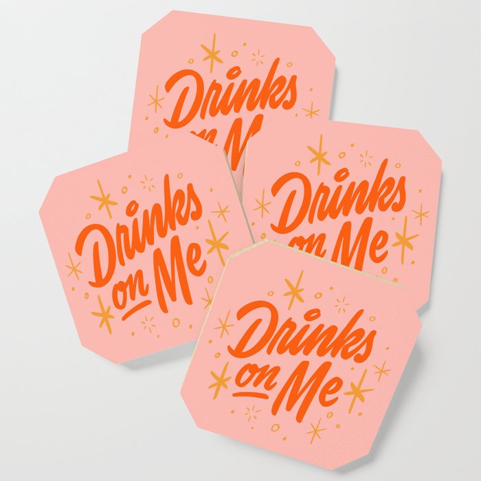 Drinks On Me Coaster | Graphic-design, Typography, Lettering, Bar, Cocktail, Brushscript, Mid-century, Drinks