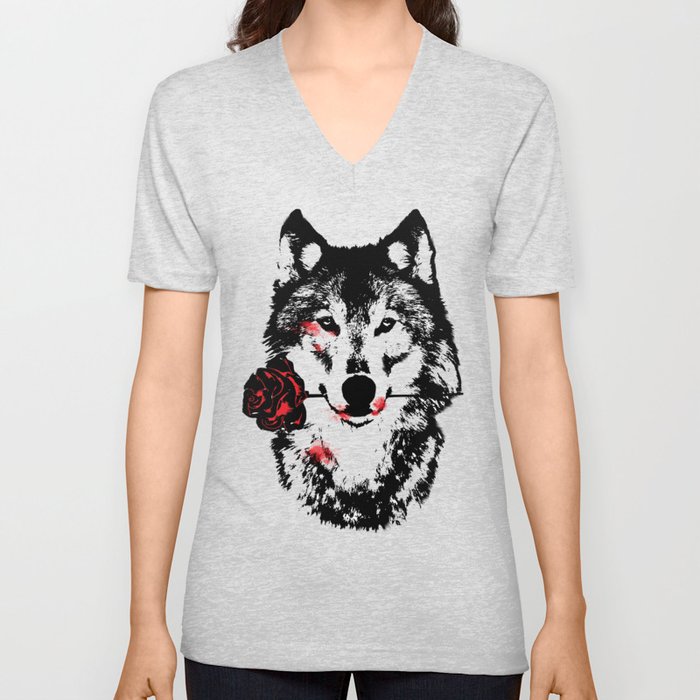 Wolf blood stained, holding a red rose. V Neck T Shirt