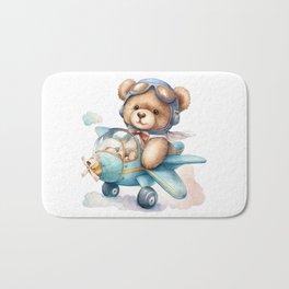 Teddy Bear in Airplane Blue Watercolor Print Bath Mat