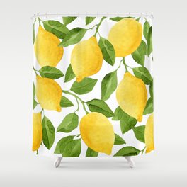 Bright yellow watercolor lemons and green leaves seamless pattern  Shower Curtain