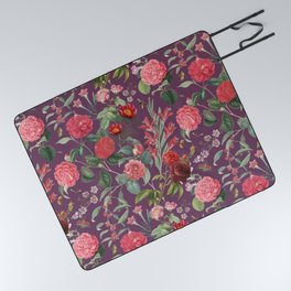 Blooming Rose Garden - Vintage Botanical Illustration Collage - Dark Purple Picnic Blanket