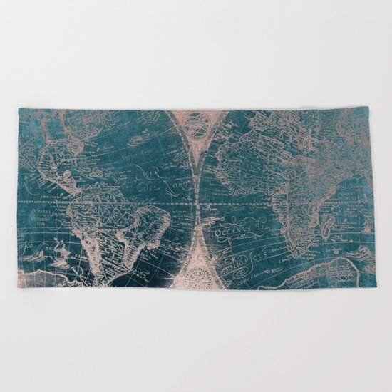 Antique Map Rose Gold Navy Blue Beach Towel
