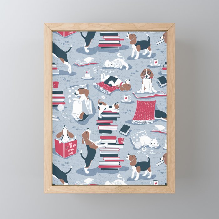 Life is better with books a hot drink and a friend // blue background brown white and blue beagles and cats and red cozy details Framed Mini Art Print