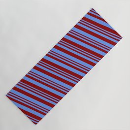 [ Thumbnail: Dark Red & Cornflower Blue Colored Lined/Striped Pattern Yoga Mat ]