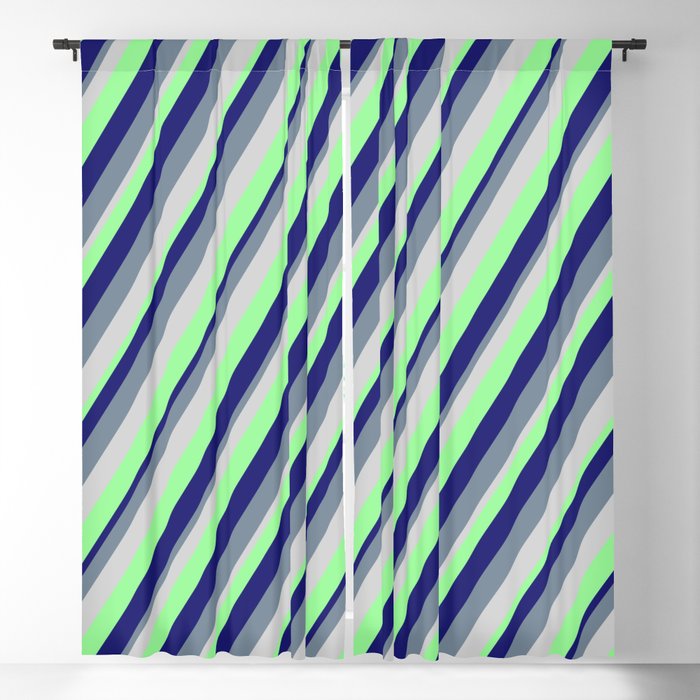 Light Grey, Green, Midnight Blue, and Light Slate Gray Colored Stripes/Lines Pattern Blackout Curtain