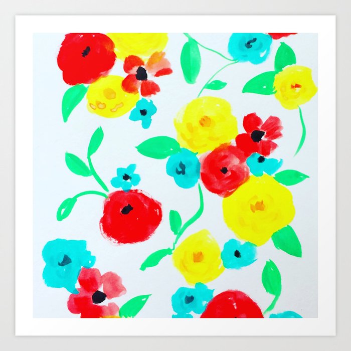 Bright Floral in Red, Yellow and Turquoise Art Print
