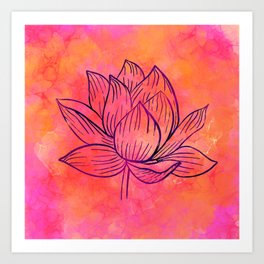 Lotus Flower Illustration on Pink Alcohol Ink Art Art Print