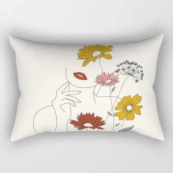 Colorful Thoughts Minimal Line Art Woman with Flowers III Rectangular Pillow