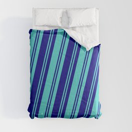 [ Thumbnail: Blue & Turquoise Colored Pattern of Stripes Comforter ]