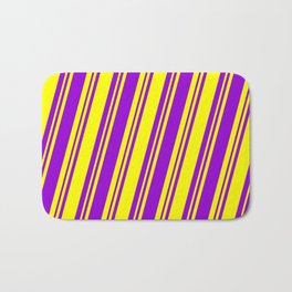 [ Thumbnail: Yellow & Dark Violet Colored Lined Pattern Bath Mat ]