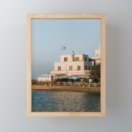Sunset over Greek Town on the Sea | Summer Travel Photography in Greece | Building on the Seaside with Greek Flag Framed Mini Art Print