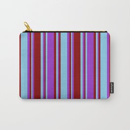 [ Thumbnail: Sky Blue, Dark Orchid, and Dark Red Colored Pattern of Stripes Carry-All Pouch ]