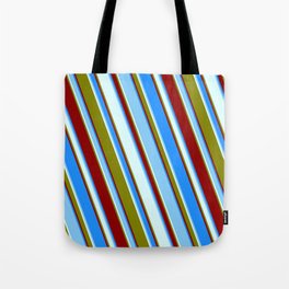 [ Thumbnail: Vibrant Blue, Light Sky Blue, Light Cyan, Green & Dark Red Colored Lined/Striped Pattern Tote Bag ]