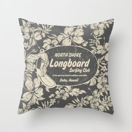 Club Surfing Longboard Logo and Hibiscus Hawaiian Print  Throw Pillow