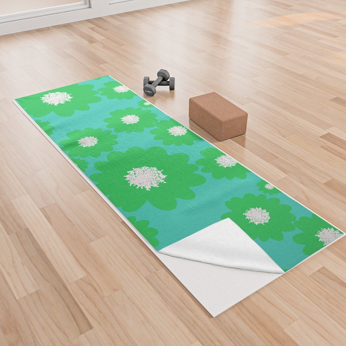 Retro Modern Green 70’s Flowers On Turquoise Yoga Towel